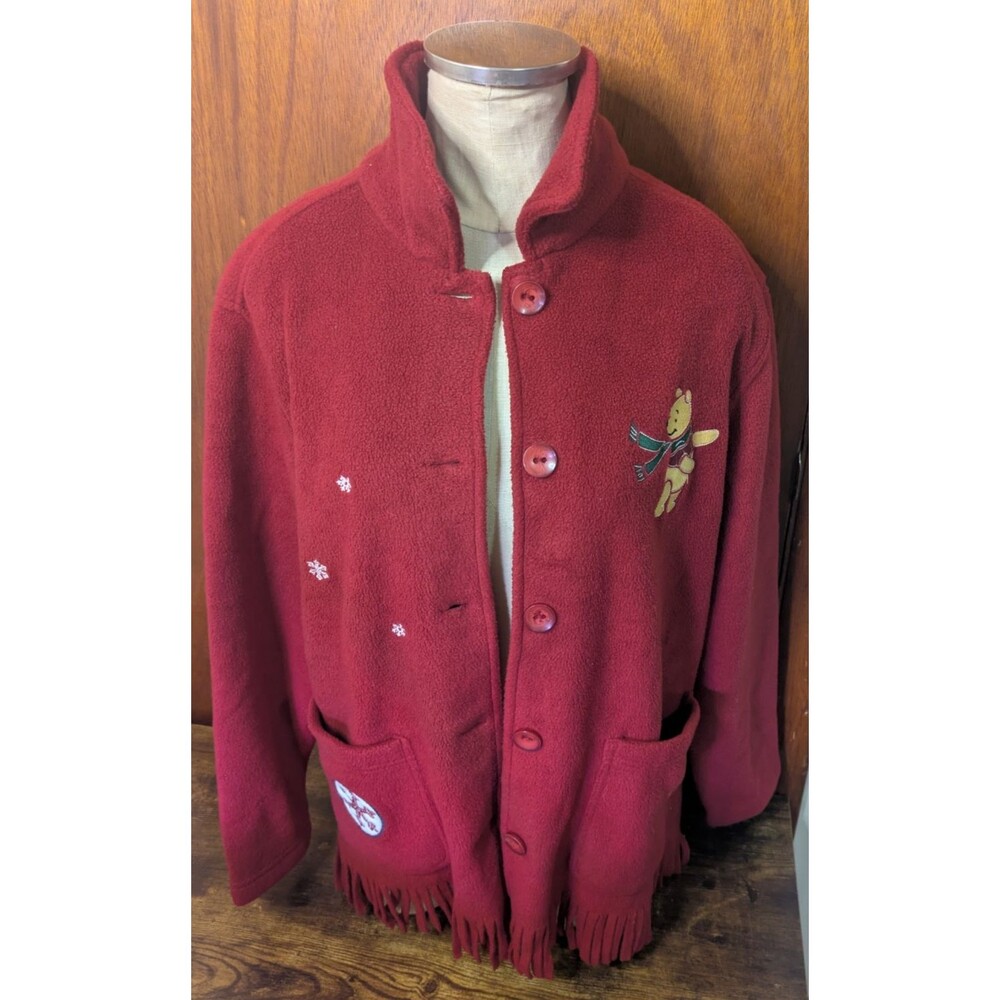 Vintage Disney Store Winnie the Pooh Red Fleece Jacket Womens M Fringe Winter